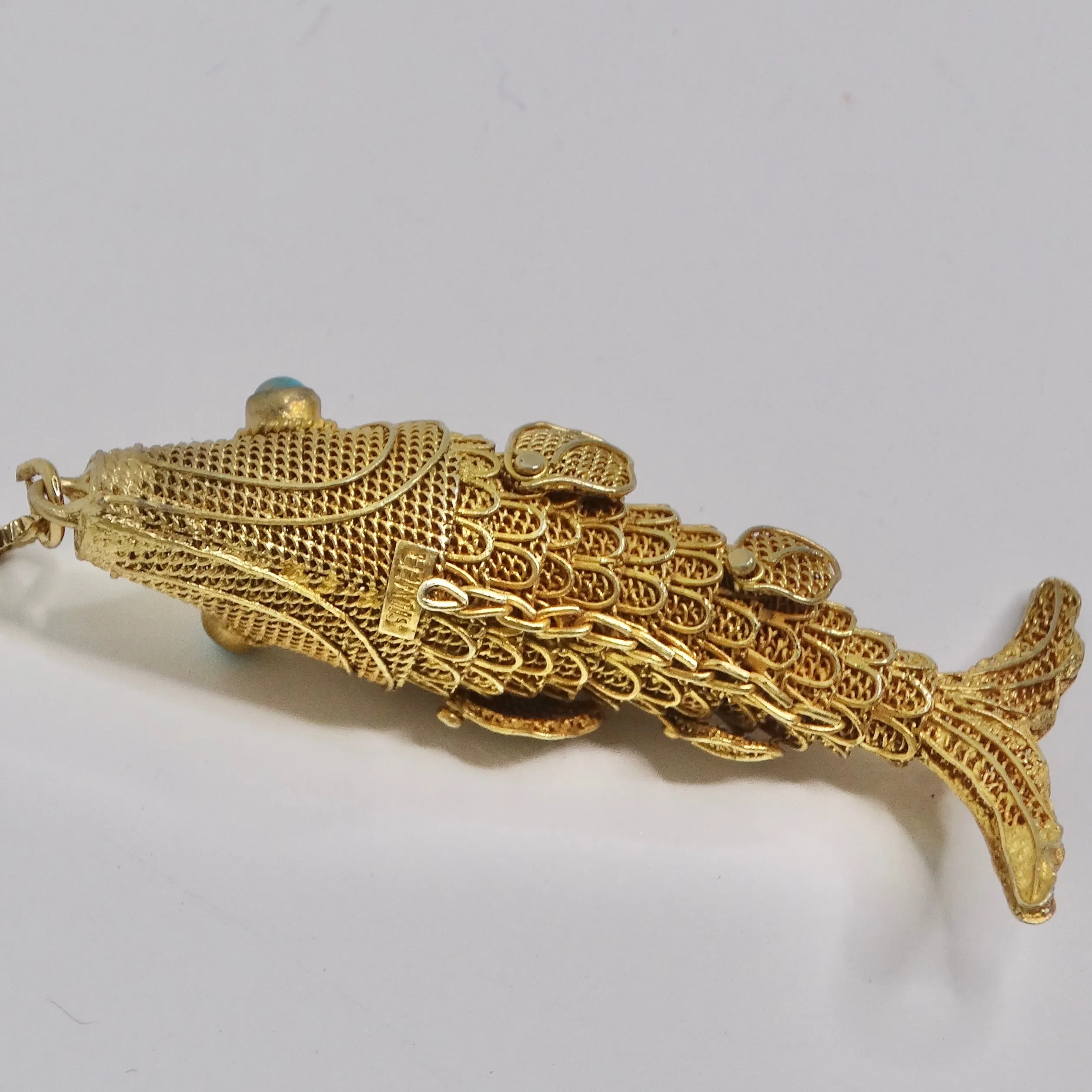 18K Gold Plated Silver Swimming Fish Necklace Circa 1970