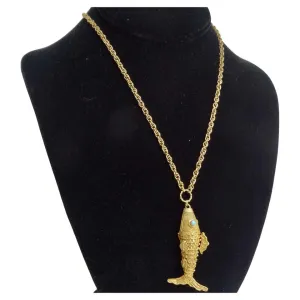 18K Gold Plated Silver Swimming Fish Necklace Circa 1970