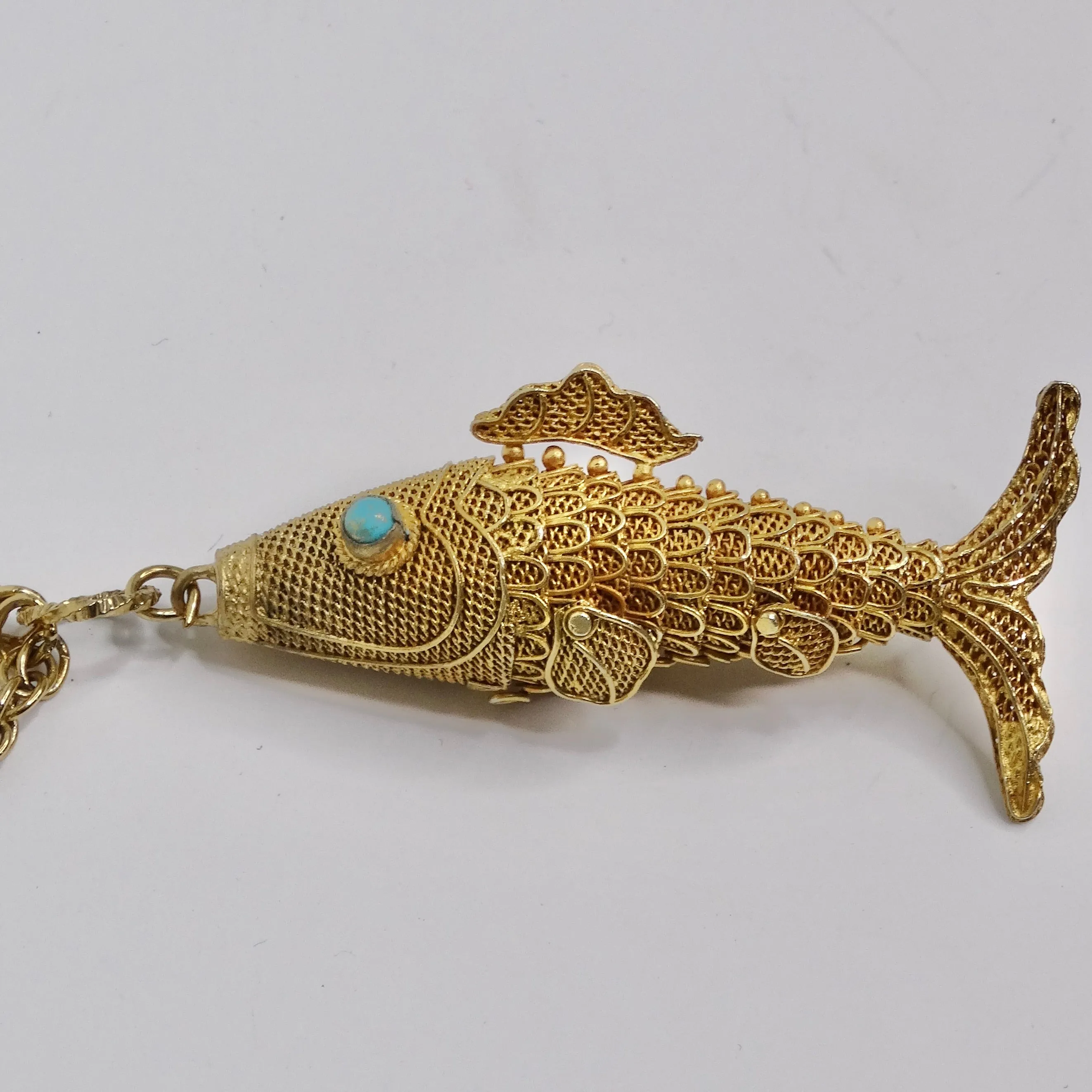 18K Gold Plated Silver Swimming Fish Necklace Circa 1970