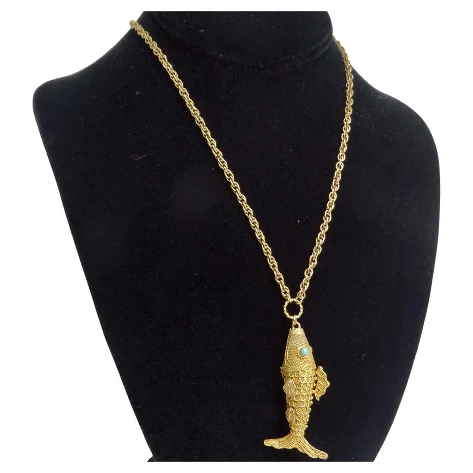 18K Gold Plated Silver Swimming Fish Necklace Circa 1970