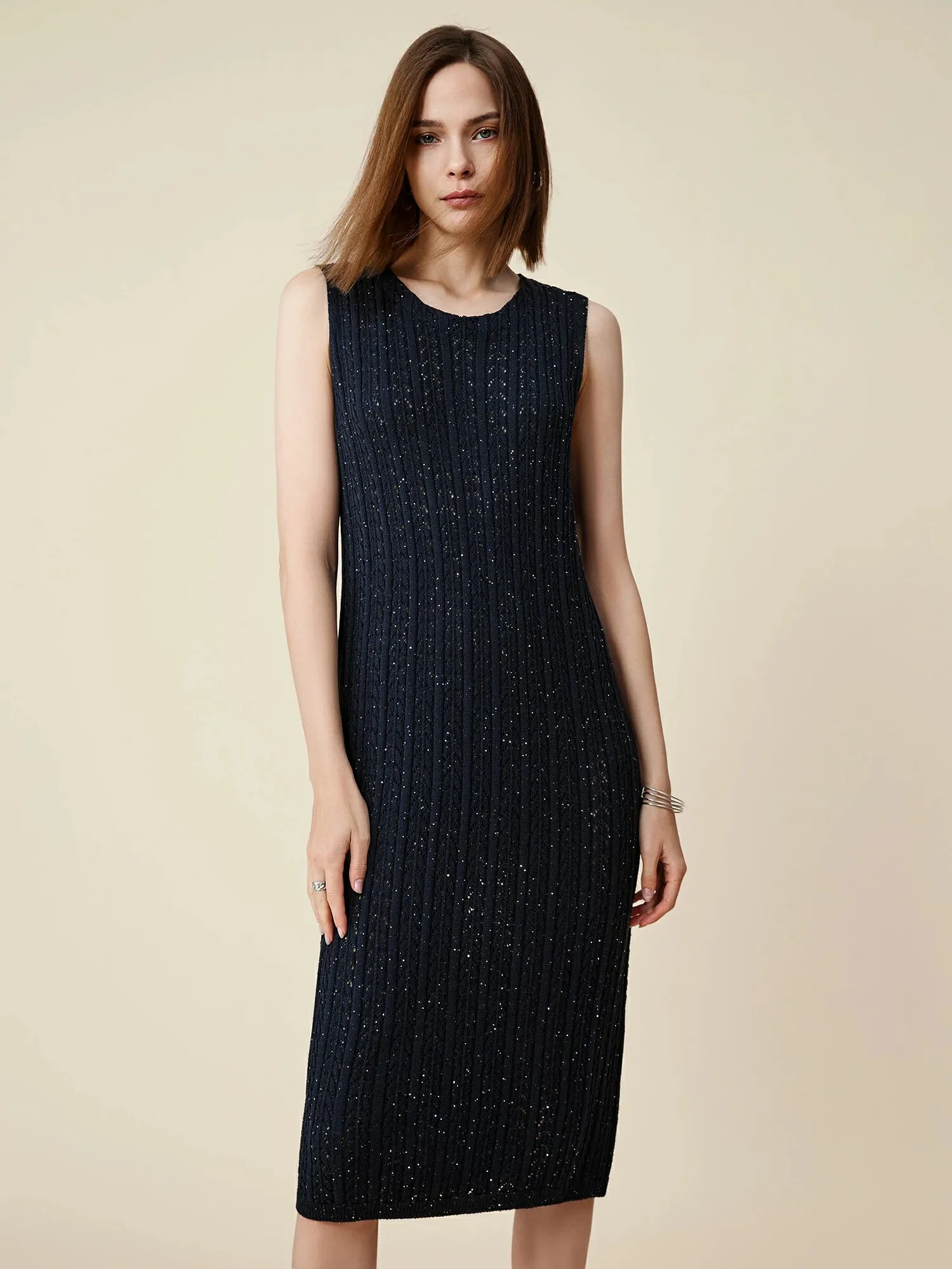 Amoretu Lyocell Round Neck Sleeveless Sequined Dress