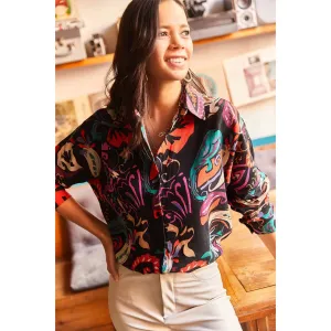 Black Fuscha Oval Bat Oversize Linen Viscose Woman Blouse With Pocket,Vintage Blouse,Floral Pattern Blouse, Gift For Her, Collar Blouse
