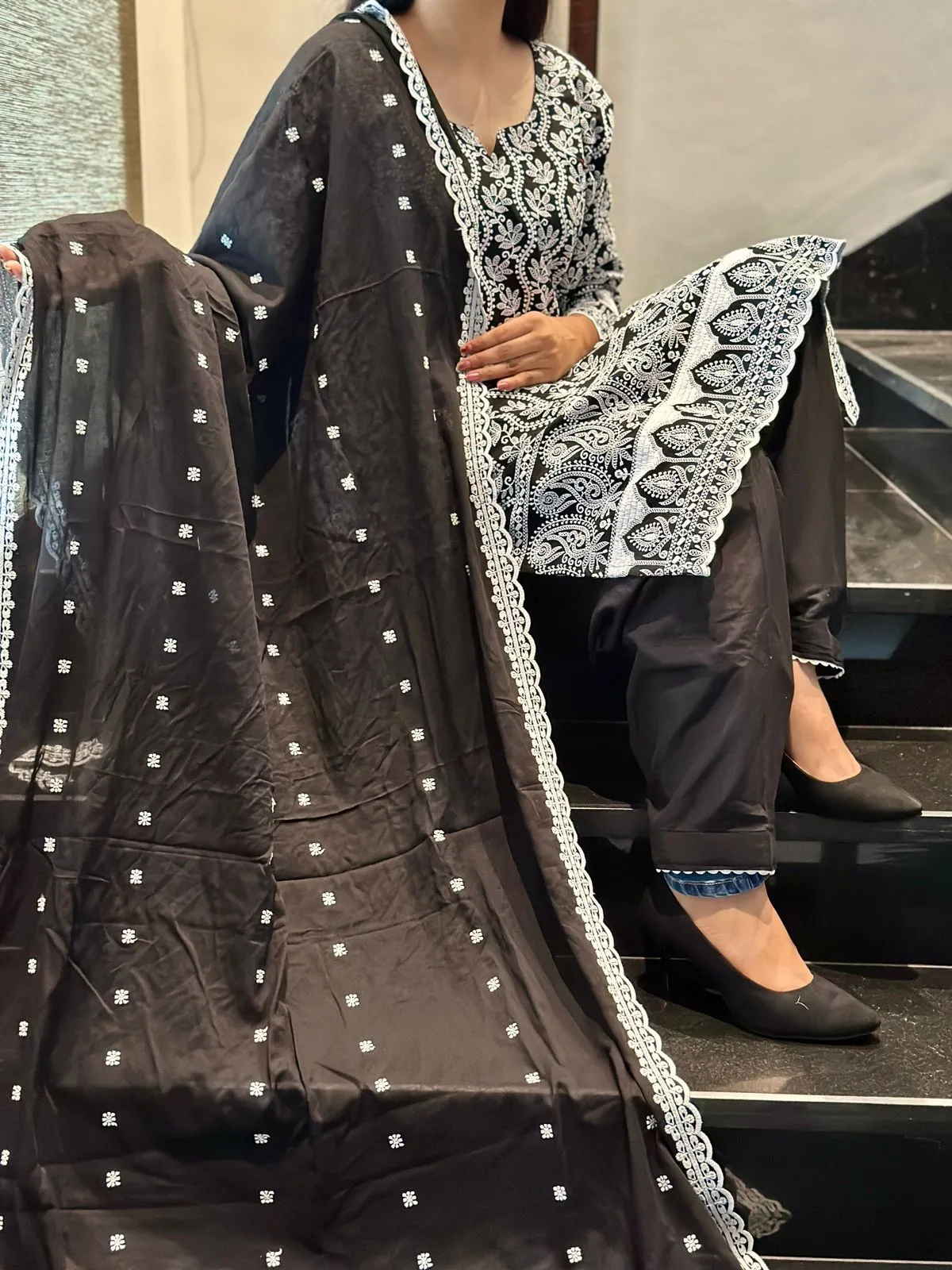 Black Schiffli Embroidered Lucknowi Cotton Kurta Set with Embroidered Dupatta