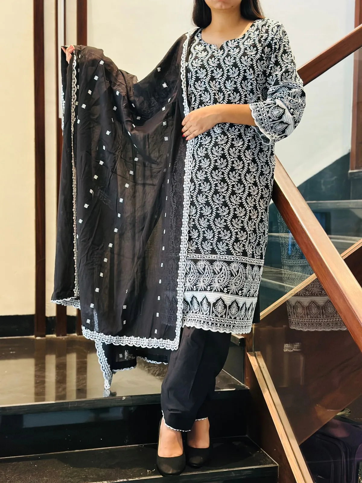 Black Schiffli Embroidered Lucknowi Cotton Kurta Set with Embroidered Dupatta
