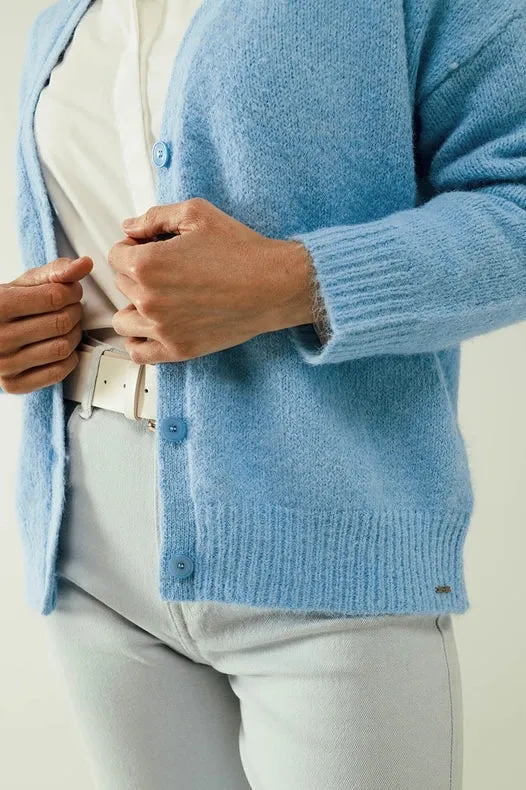Blue Knit Cardigan With Wide V-Neck And Button Closure