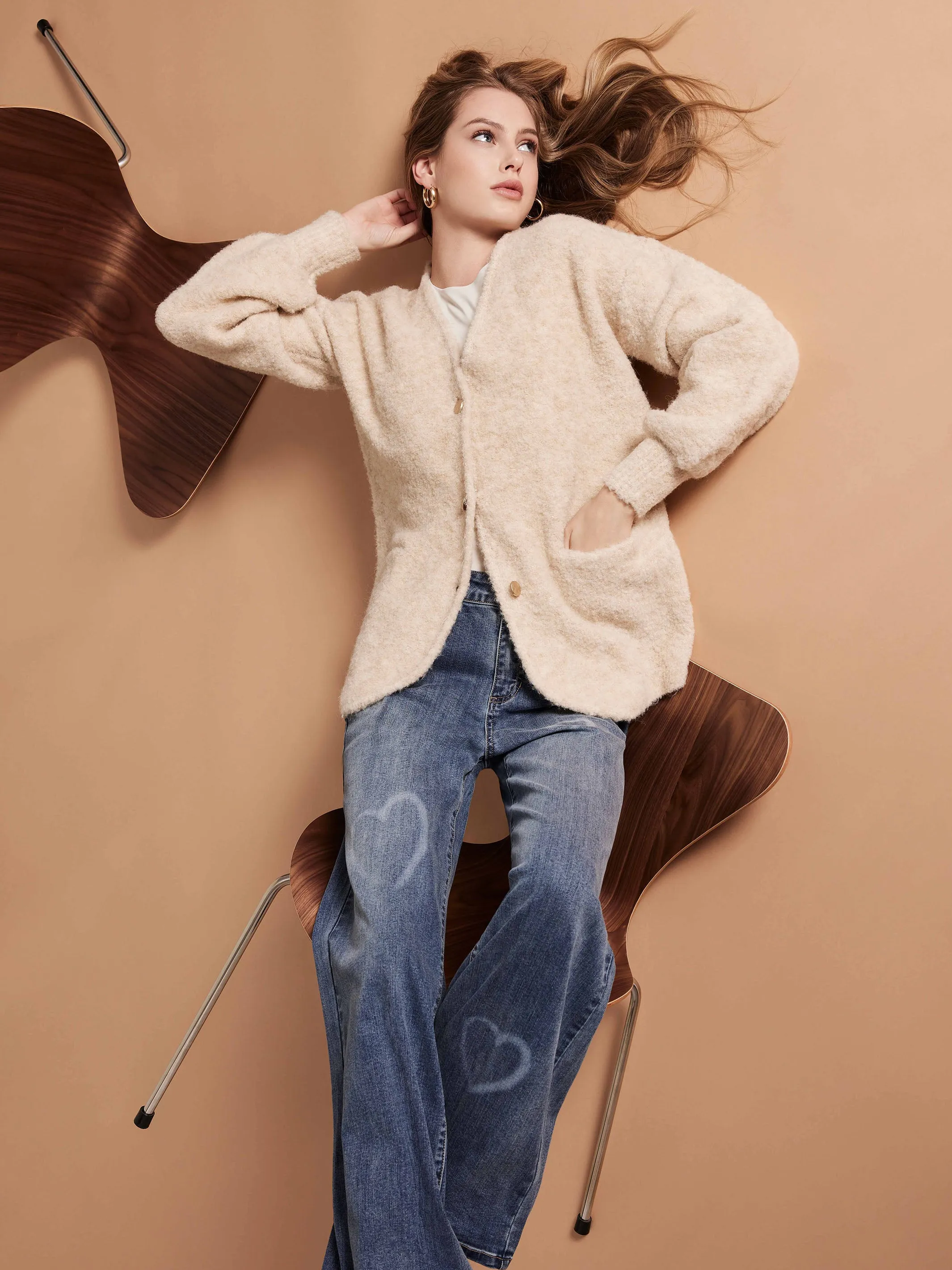 Boucle Knit Cardigan - Beige - H-Beige