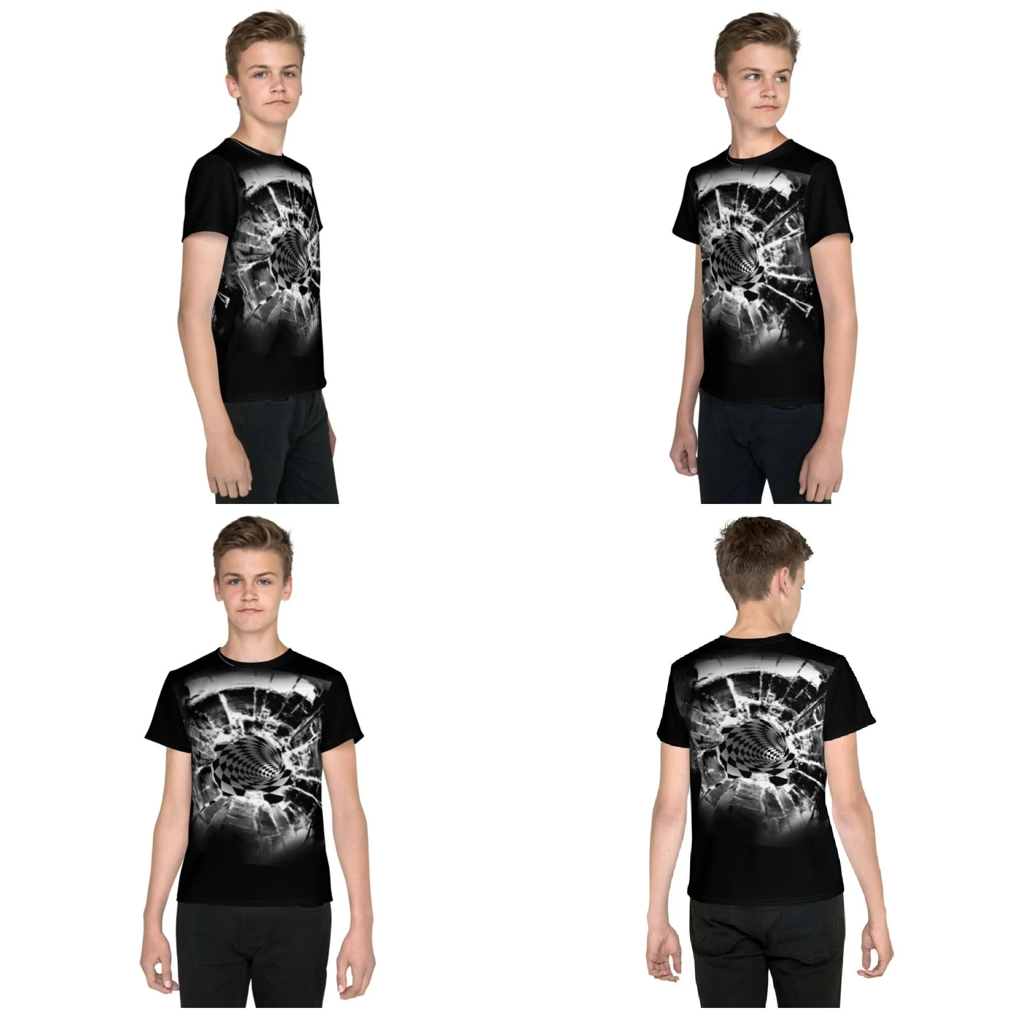 Bullet Hole Vortex Kids,Teen/Youth T-Shirt Optical illusion,Black/White Hypnotic Unisex T-shirt, Thanksgiving/bday/christmas gift