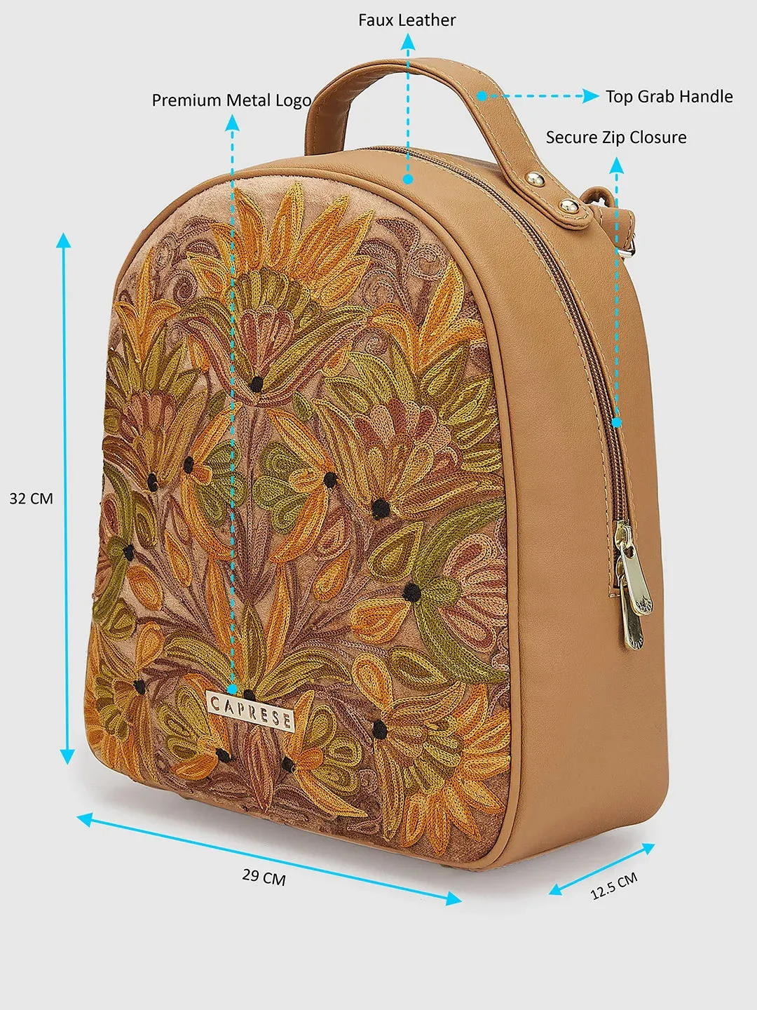 Caprese Tresna Embroidery Backpack Handbag Fawn