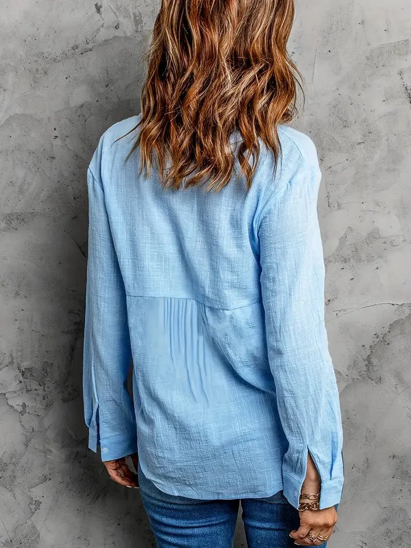 Casual Solid Linen Long Sleeve Lapel Blouse