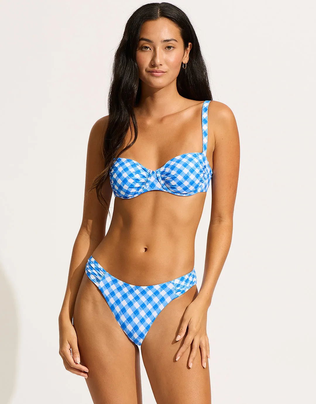 Ciao Bella Check High Leg Ruched Side Bikini Pant - Azure