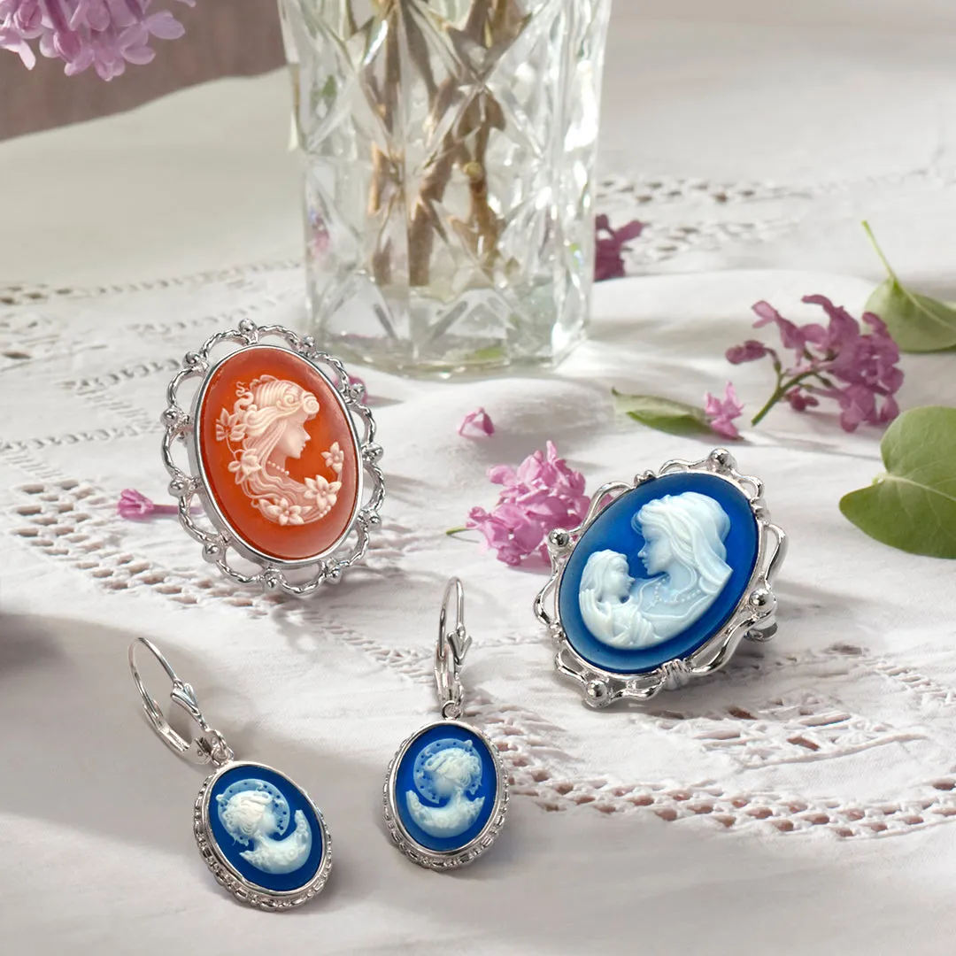 Classic Antique Brooche Pin Blue White Victorian Lady Cameo Pendant & Necklace