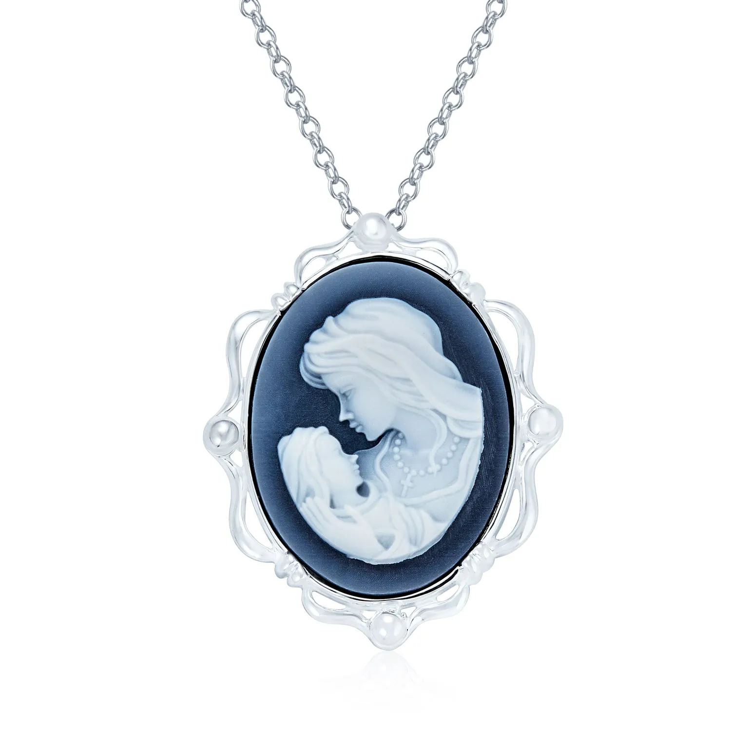 Classic Antique Brooche Pin Blue White Victorian Lady Cameo Pendant & Necklace