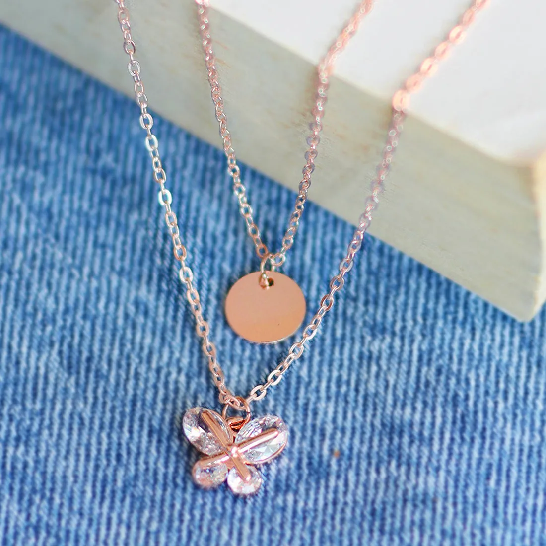 Contemporary Circular & Diamante Studded Butterfly Pendant Rose Gold-Toned Multi-Layered Necklace