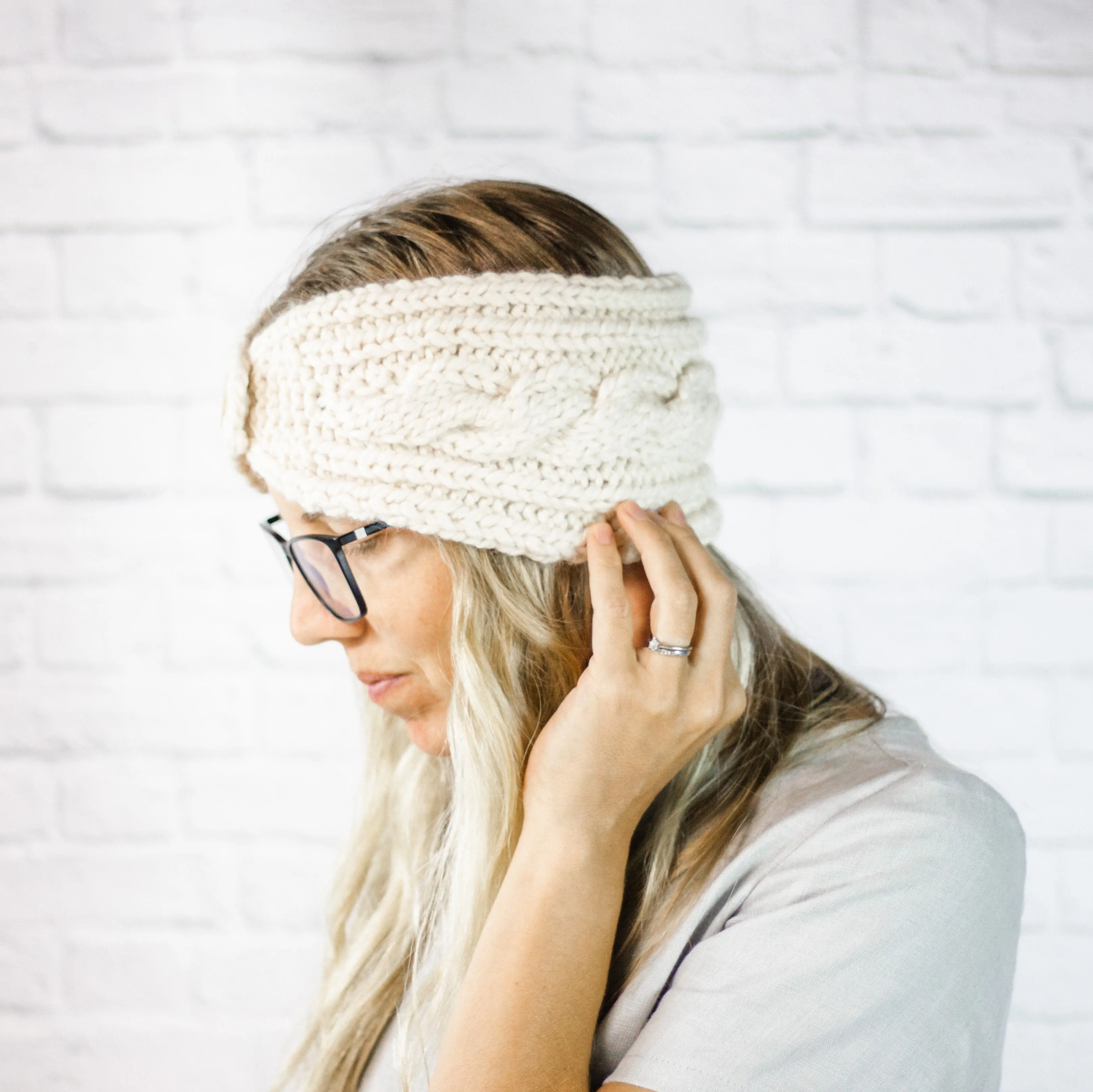 Cream Extra Wide Cable Knit Headband, Chunky Knit Winter Headband with Button