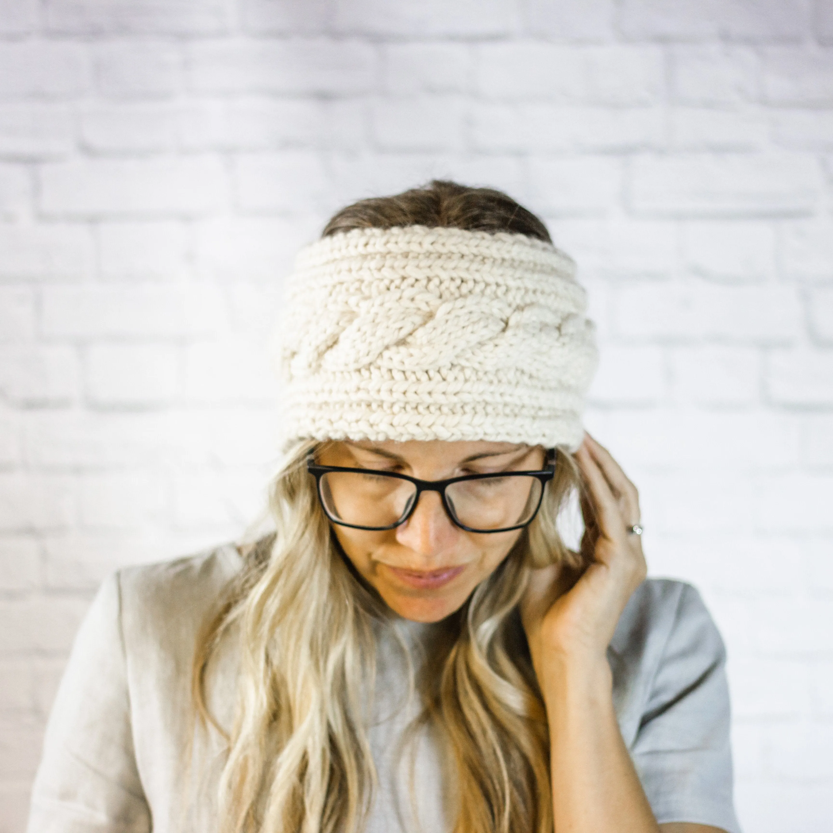 Cream Extra Wide Cable Knit Headband, Chunky Knit Winter Headband with Button