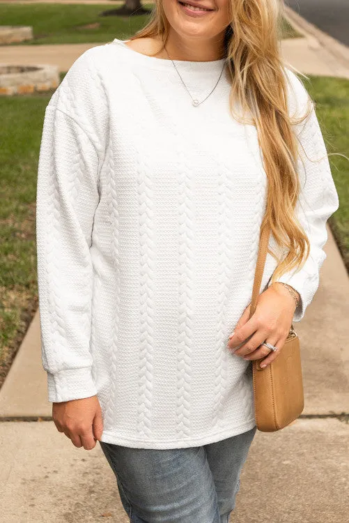 Curvy White Long Sleeve Cable Knit Textured Top