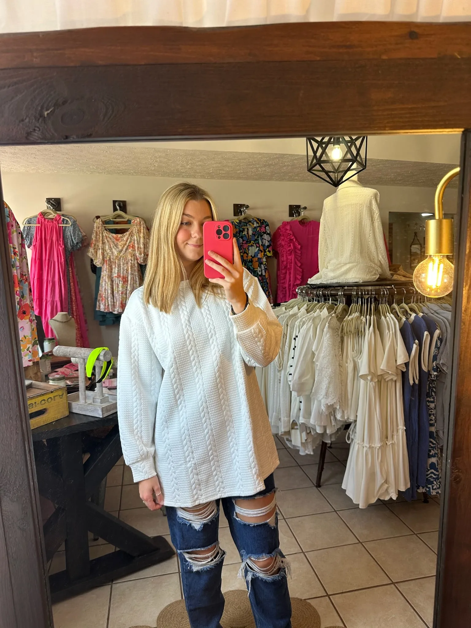Curvy White Long Sleeve Cable Knit Textured Top