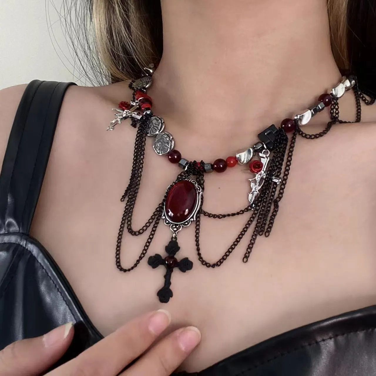 Gothic Wrapped Flower Cross Pendant Necklace
