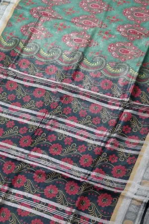 Green Linen Floral Saree: Digital Print