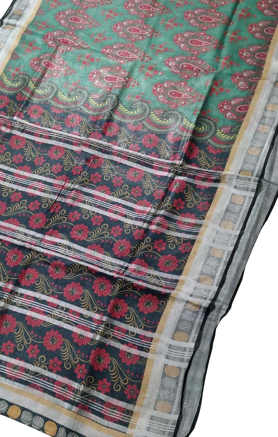 Green Linen Floral Saree: Digital Print