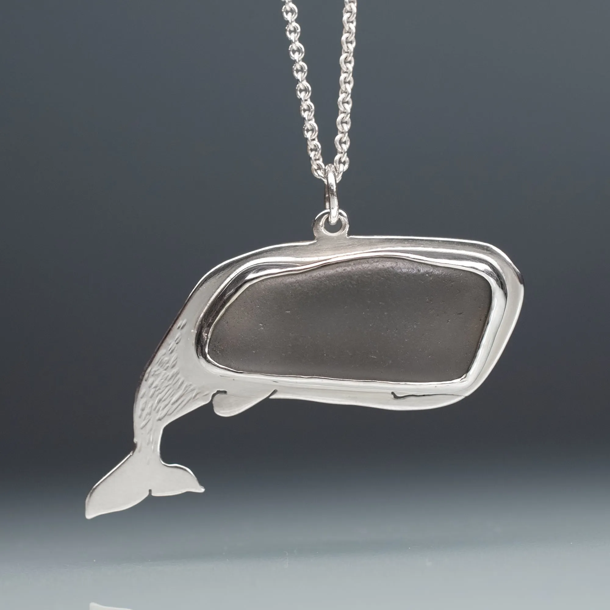 Grey Sea Glass Sperm Whale Necklace - Sterling Silver Ocean Cetacean