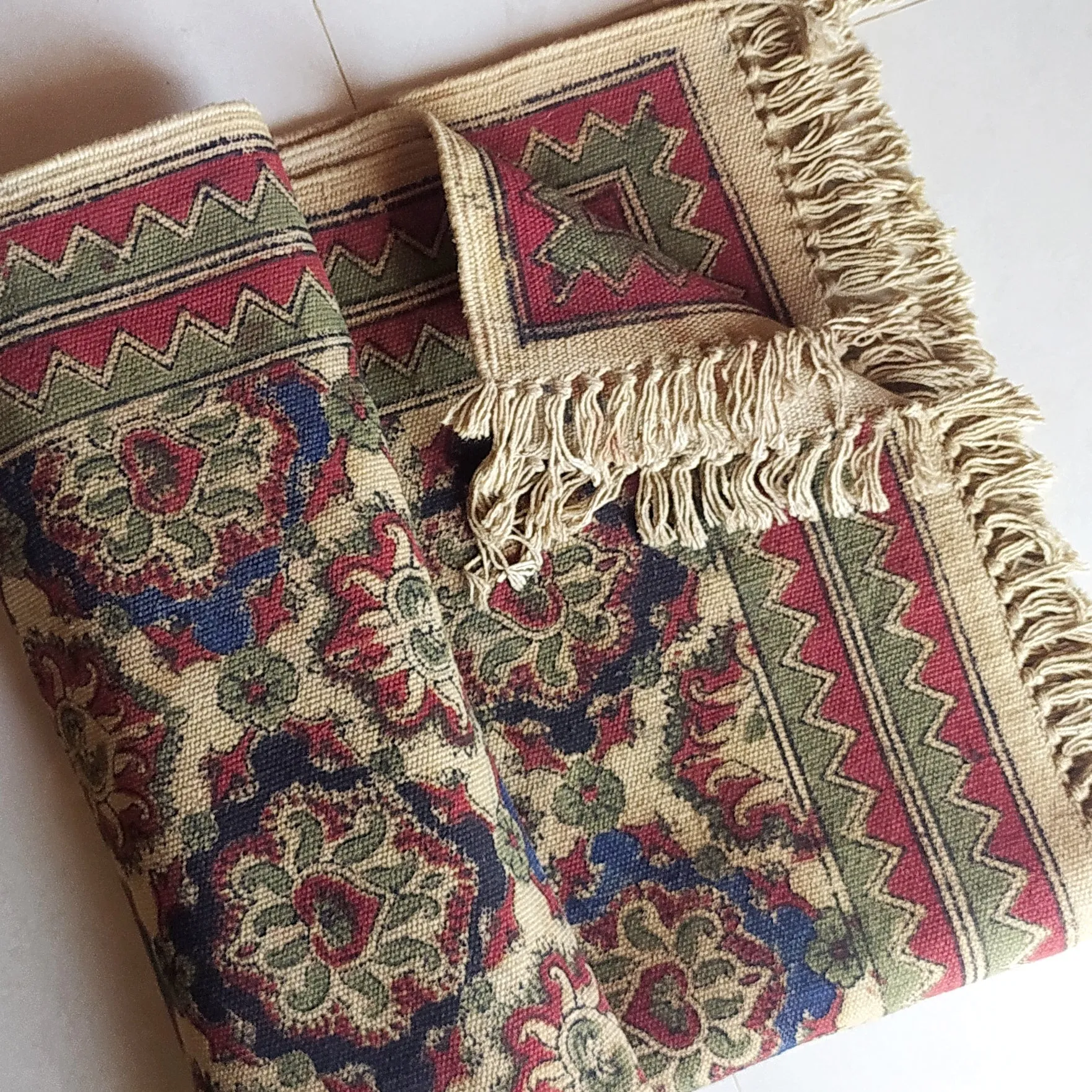 Handwoven Pure Cotton Kalamkari Rug | Dhurrie With Floral Prints In Burgund & Deep Blue Colours. Length 5 ft x Width 3 ft