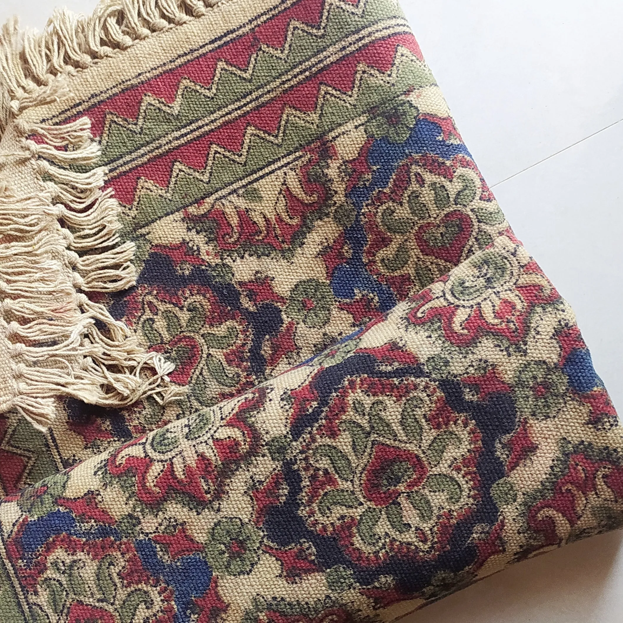 Handwoven Pure Cotton Kalamkari Rug | Dhurrie With Floral Prints In Burgund & Deep Blue Colours. Length 5 ft x Width 3 ft