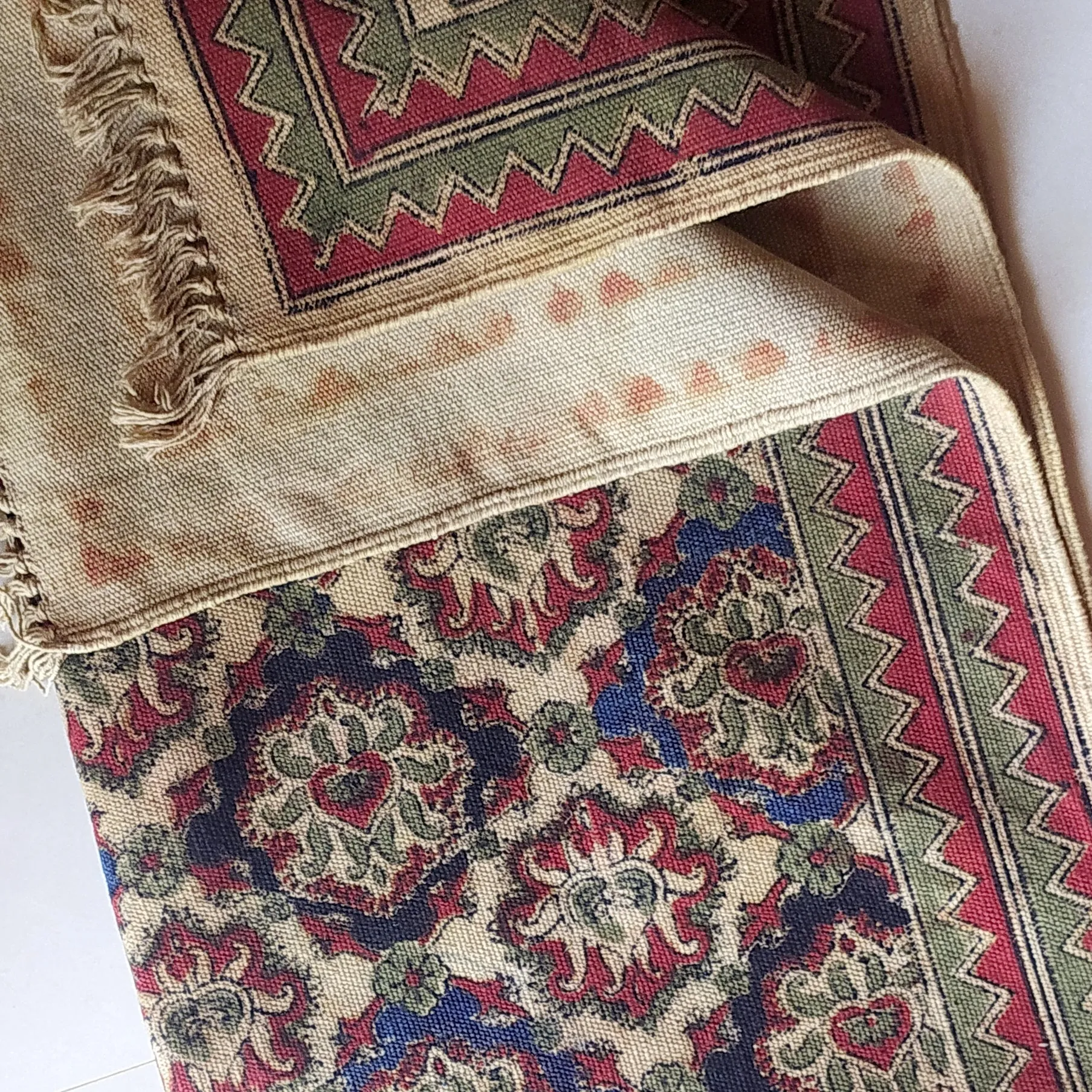Handwoven Pure Cotton Kalamkari Rug | Dhurrie With Floral Prints In Burgund & Deep Blue Colours. Length 5 ft x Width 3 ft