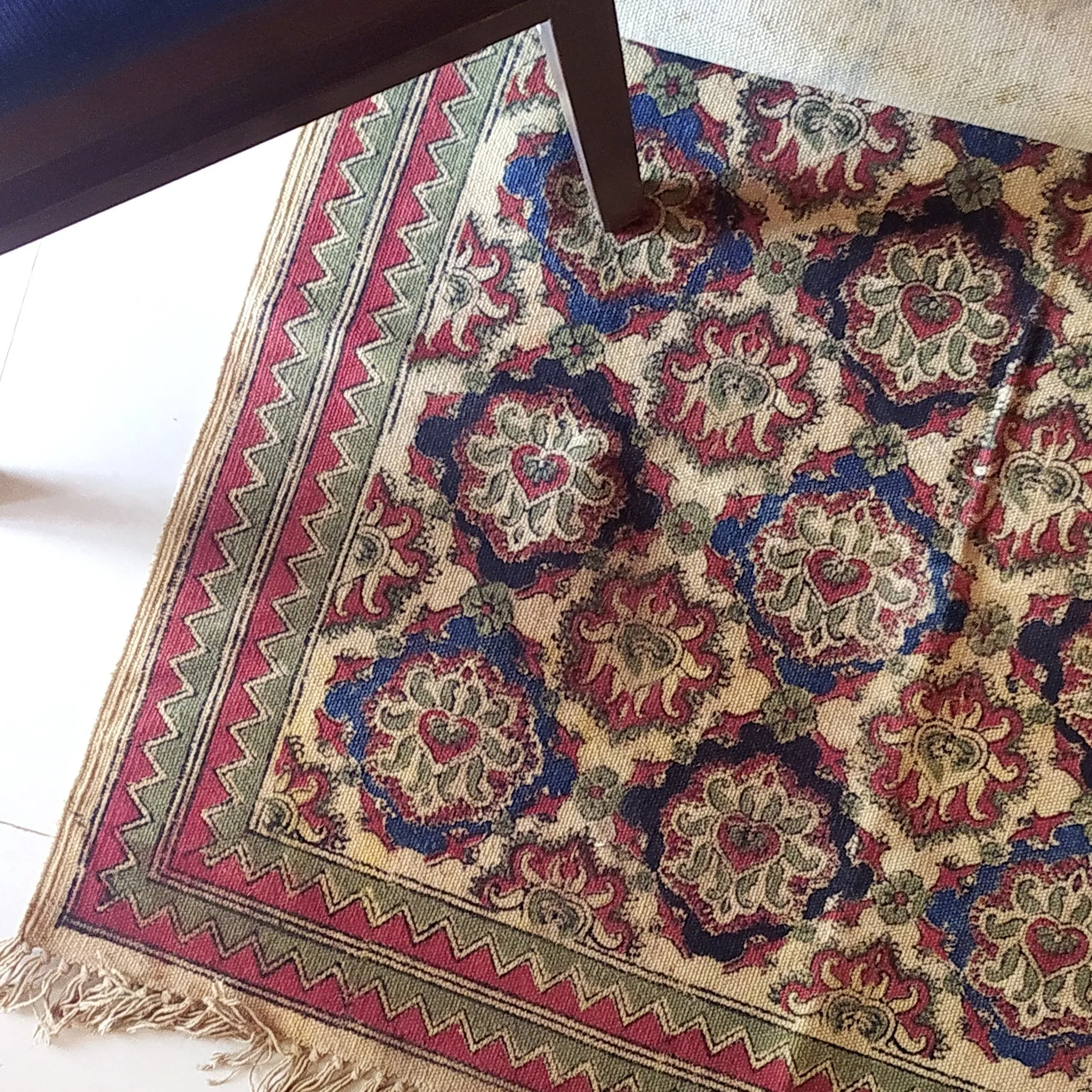 Handwoven Pure Cotton Kalamkari Rug | Dhurrie With Floral Prints In Burgund & Deep Blue Colours. Length 5 ft x Width 3 ft