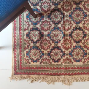 Handwoven Pure Cotton Kalamkari Rug | Dhurrie With Floral Prints In Burgund & Deep Blue Colours. Length 5 ft x Width 3 ft