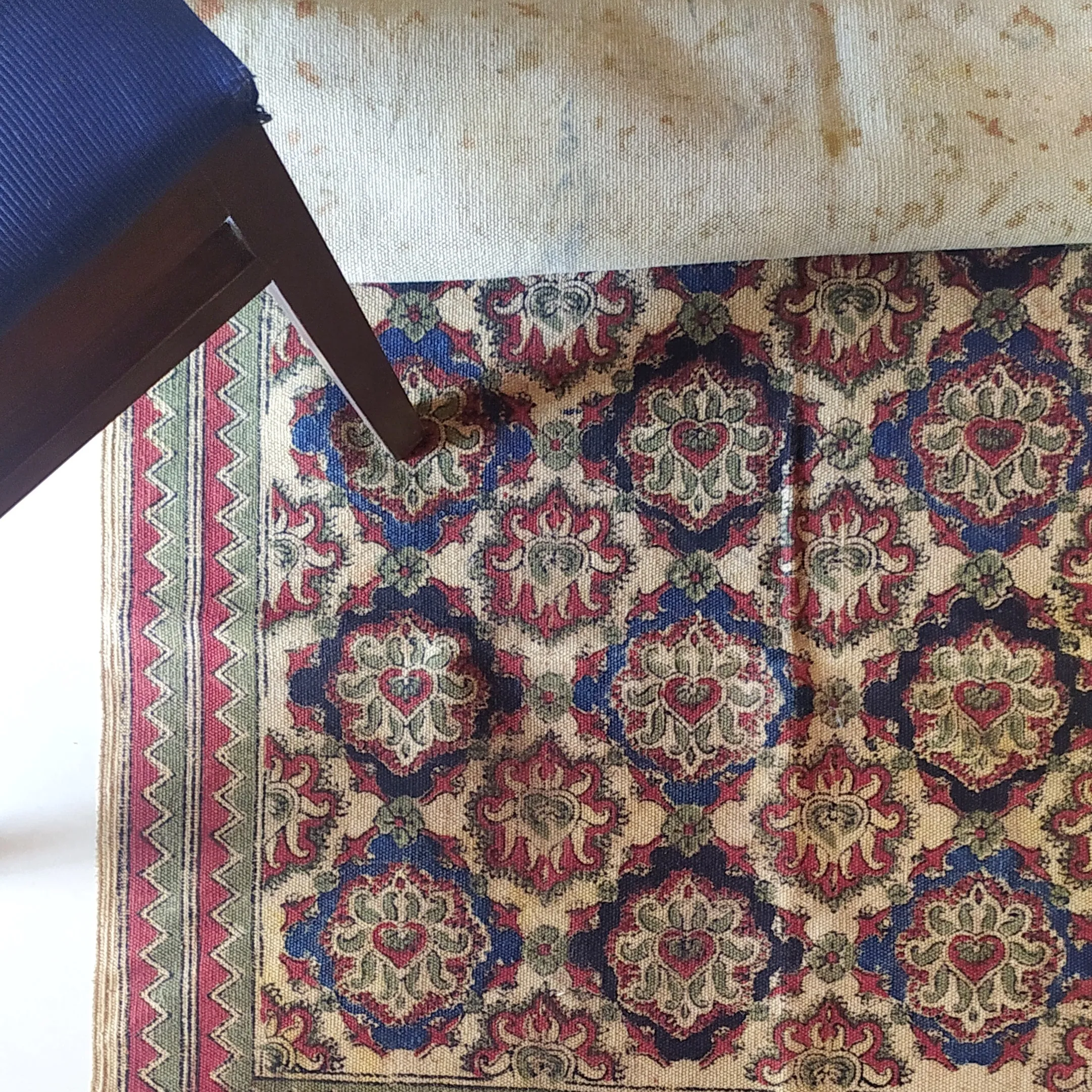 Handwoven Pure Cotton Kalamkari Rug | Dhurrie With Floral Prints In Burgund & Deep Blue Colours. Length 5 ft x Width 3 ft