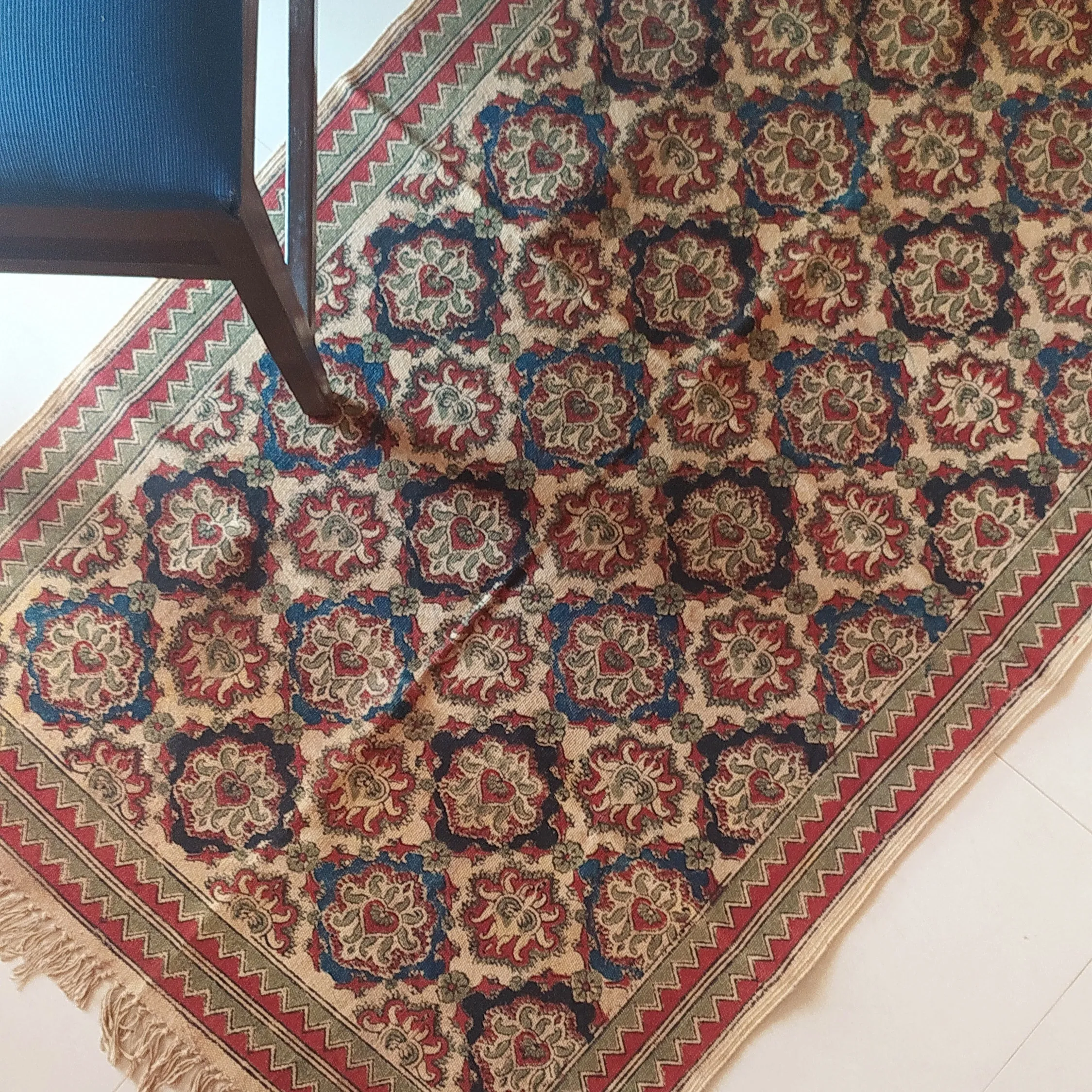 Handwoven Pure Cotton Kalamkari Rug | Dhurrie With Floral Prints In Burgund & Deep Blue Colours. Length 5 ft x Width 3 ft