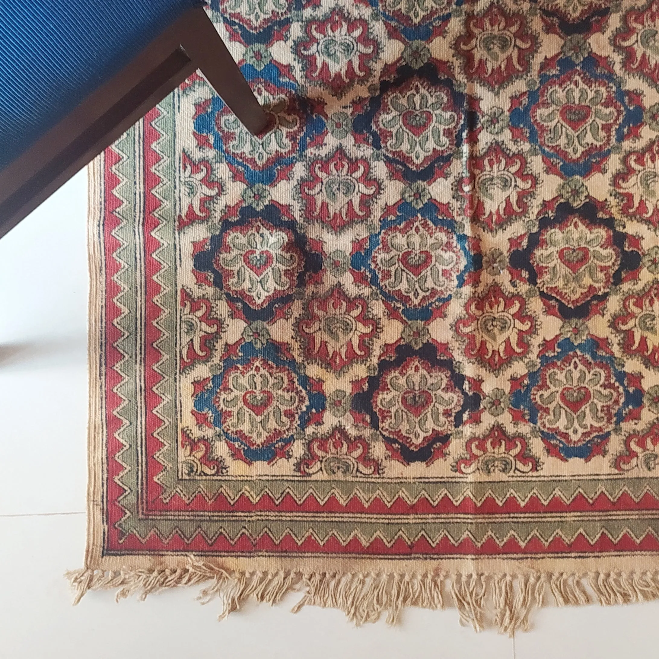Handwoven Pure Cotton Kalamkari Rug | Dhurrie With Floral Prints In Burgund & Deep Blue Colours. Length 5 ft x Width 3 ft