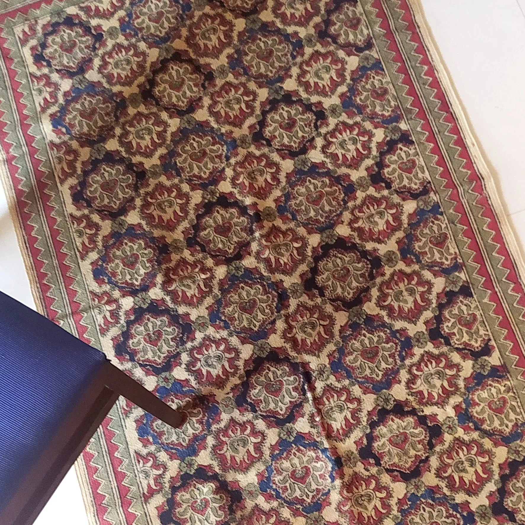Handwoven Pure Cotton Kalamkari Rug | Dhurrie With Floral Prints In Burgund & Deep Blue Colours. Length 5 ft x Width 3 ft