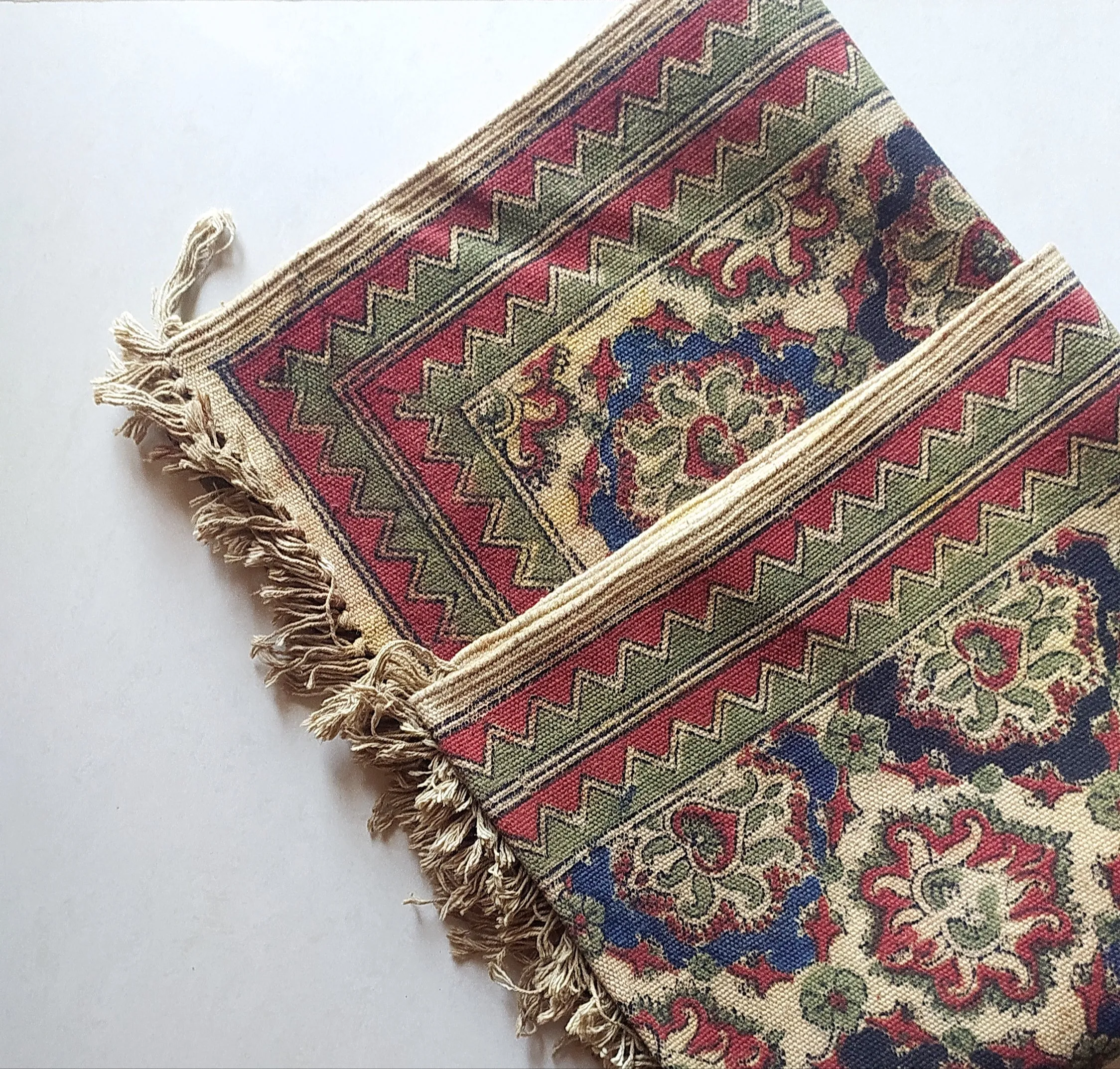 Handwoven Pure Cotton Kalamkari Rug | Dhurrie With Floral Prints In Burgund & Deep Blue Colours. Length 5 ft x Width 3 ft