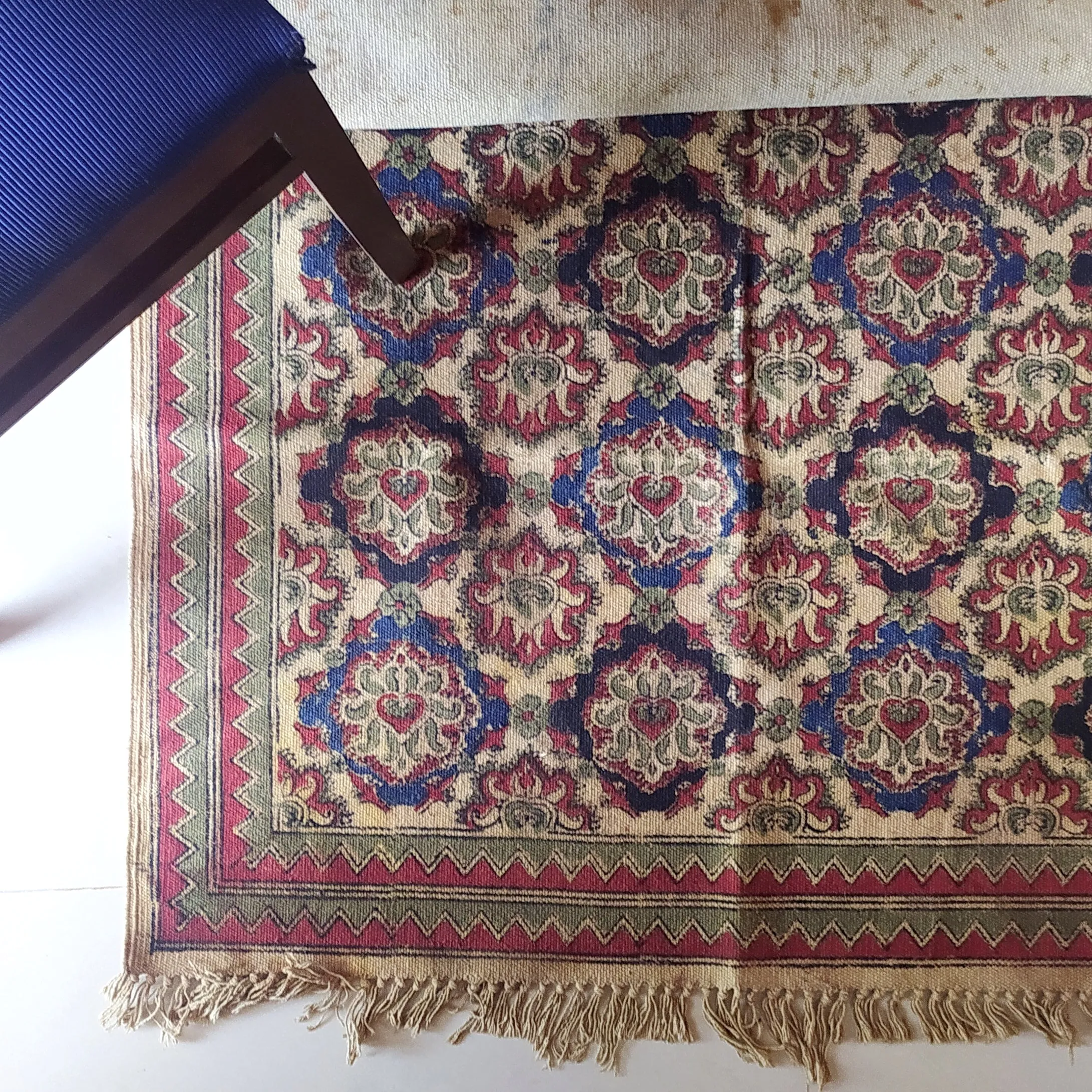 Handwoven Pure Cotton Kalamkari Rug | Dhurrie With Floral Prints In Burgund & Deep Blue Colours. Length 5 ft x Width 3 ft
