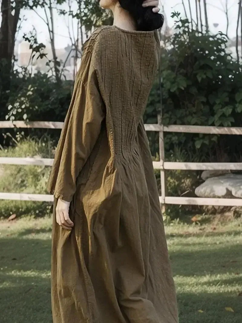 Loose Fit Maxi Dress Elegant Linen Dress with Long Sleeves