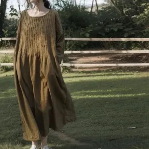 Loose Fit Maxi Dress Elegant Linen Dress with Long Sleeves