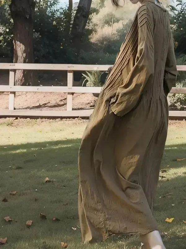 Loose Fit Maxi Dress Elegant Linen Dress with Long Sleeves