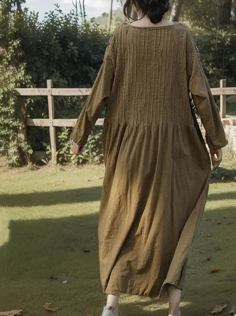 Loose Fit Maxi Dress Elegant Linen Dress with Long Sleeves