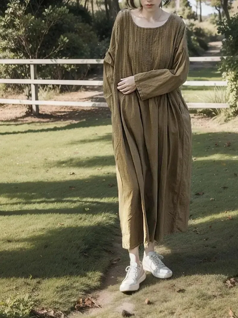 Loose Fit Maxi Dress Elegant Linen Dress with Long Sleeves
