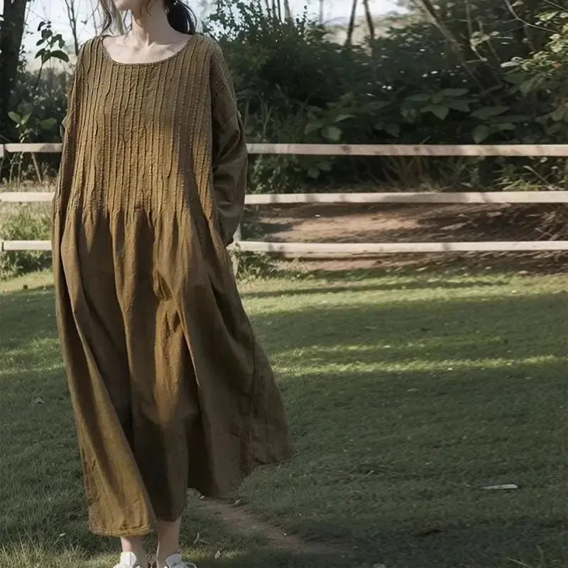Loose Fit Maxi Dress Elegant Linen Dress with Long Sleeves