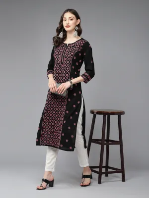 Lucknowi Chikankari Black & Pink Cotton Kurta