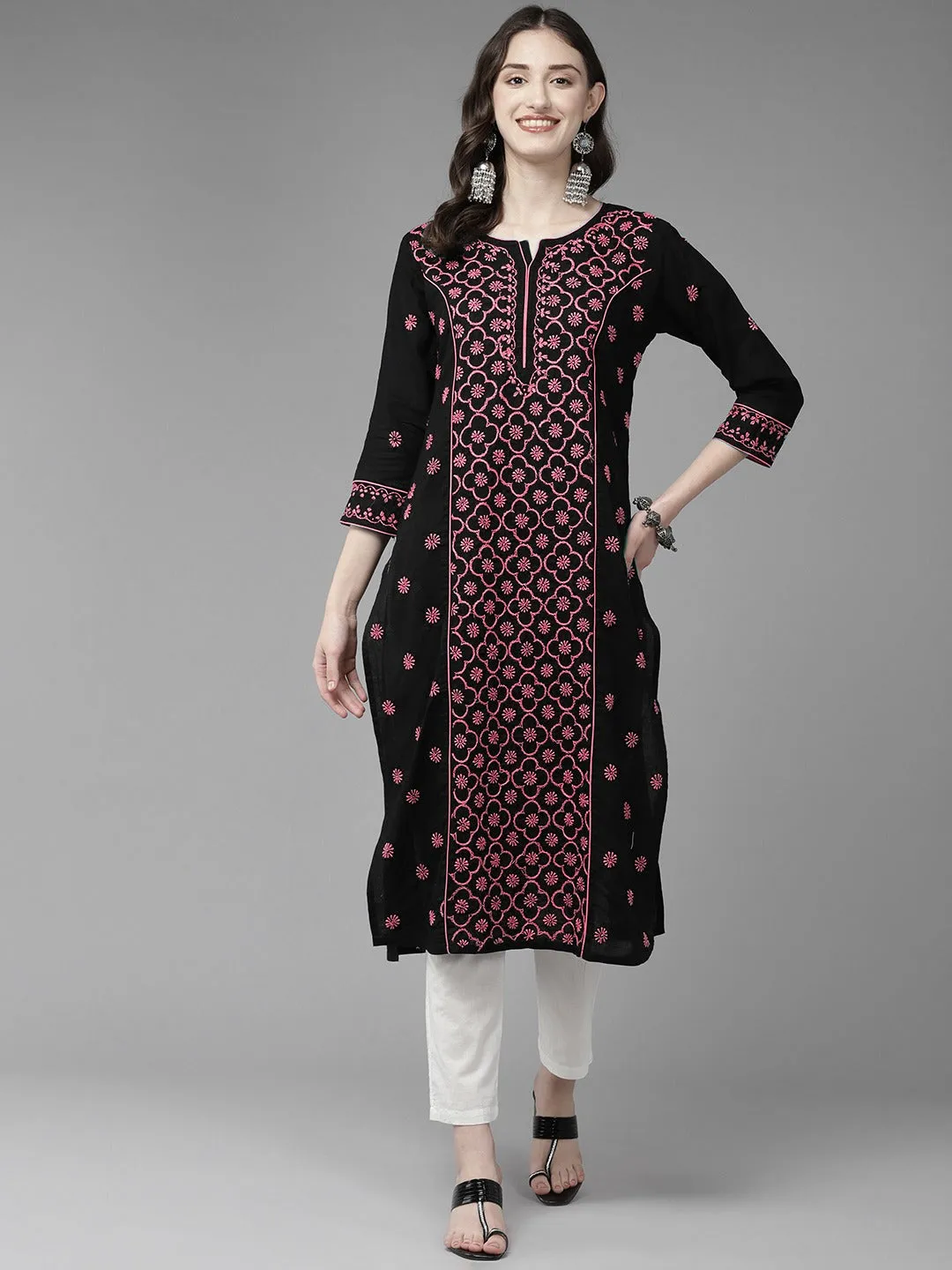 Lucknowi Chikankari Black & Pink Cotton Kurta