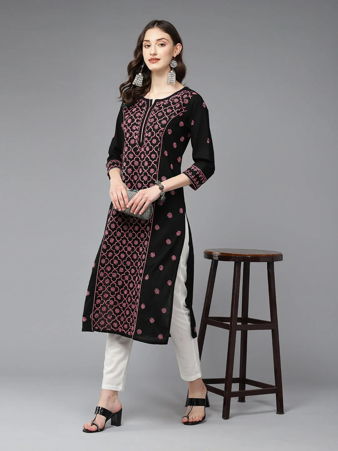Lucknowi Chikankari Black & Pink Cotton Kurta