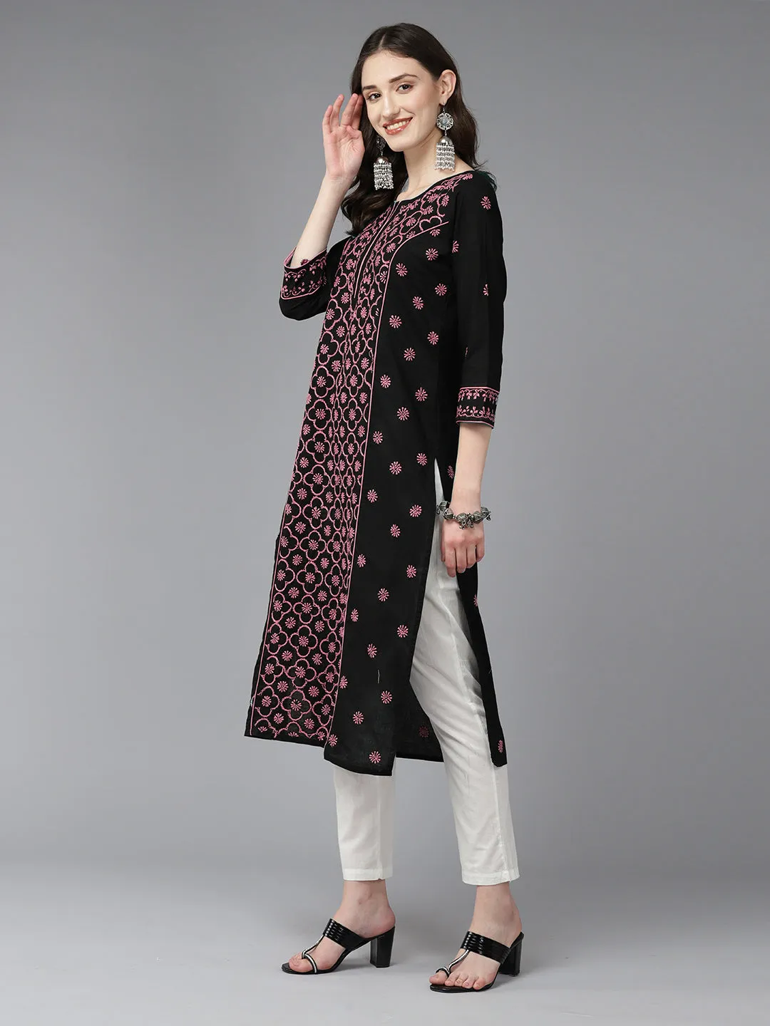 Lucknowi Chikankari Black & Pink Cotton Kurta