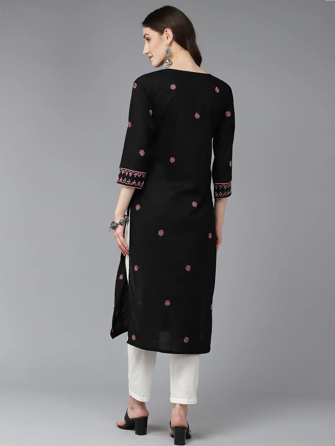 Lucknowi Chikankari Black & Pink Cotton Kurta