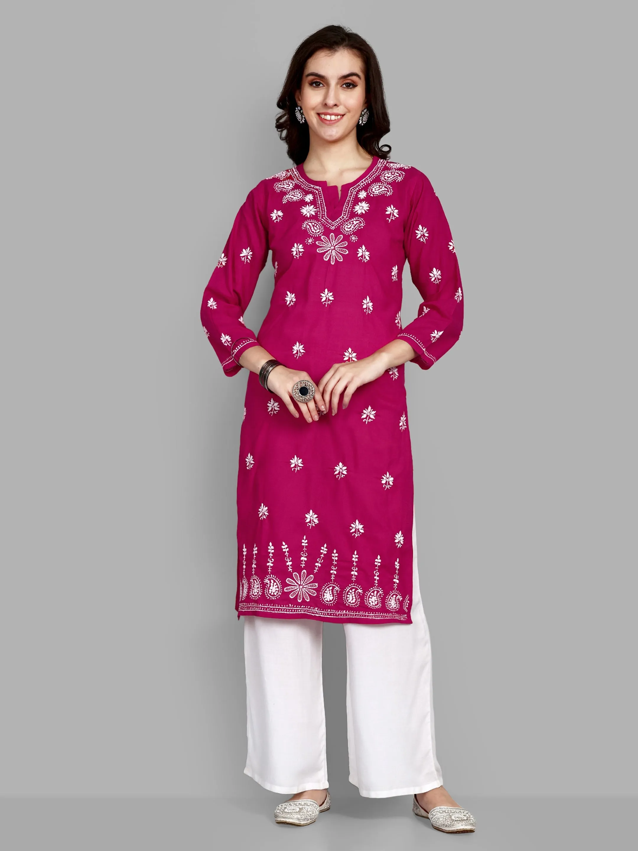 Lucknowi Chikankari Magenta Cotton Silk Kurta