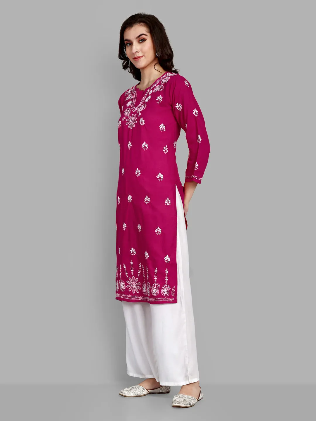 Lucknowi Chikankari Magenta Cotton Silk Kurta