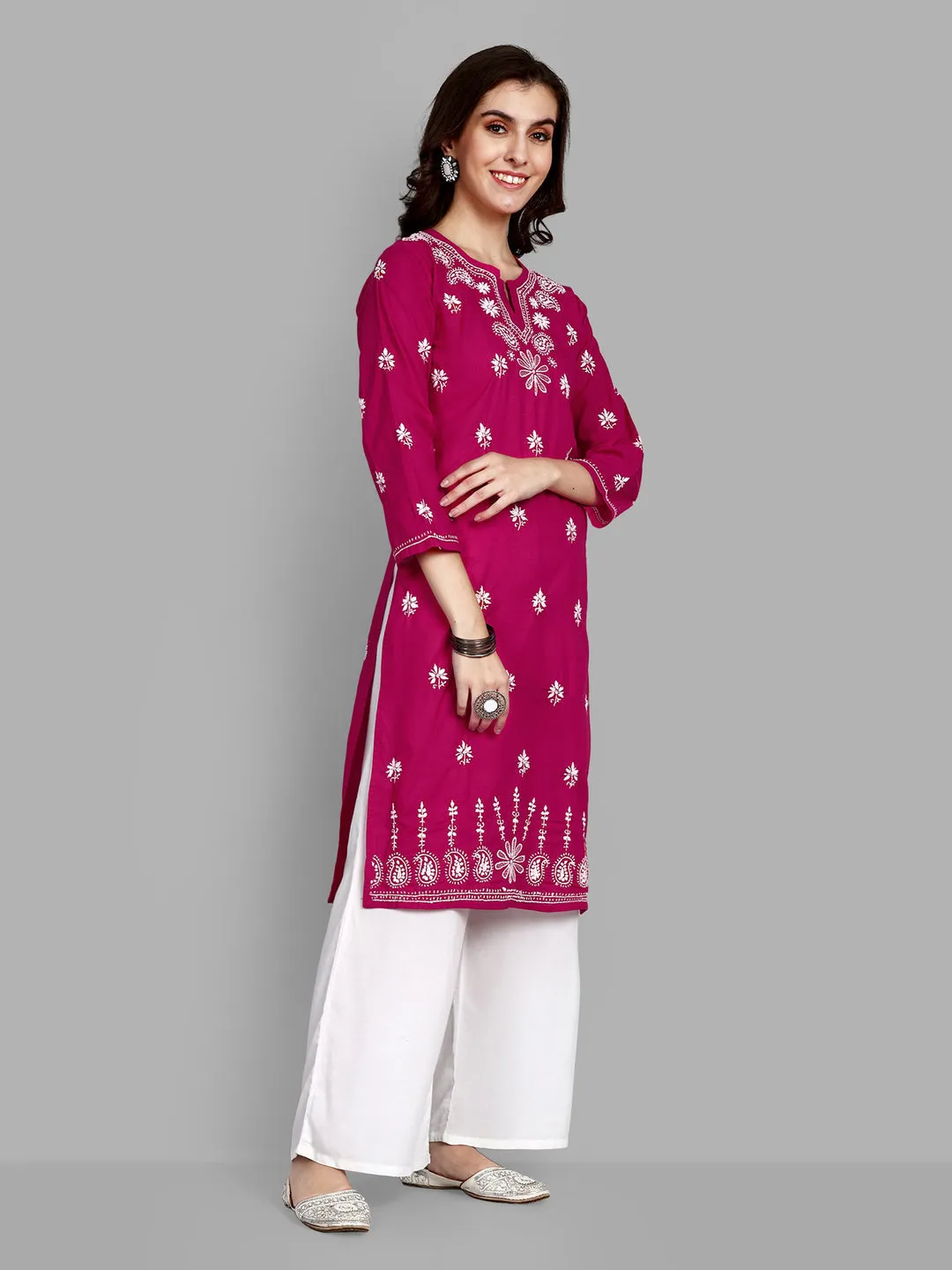 Lucknowi Chikankari Magenta Cotton Silk Kurta